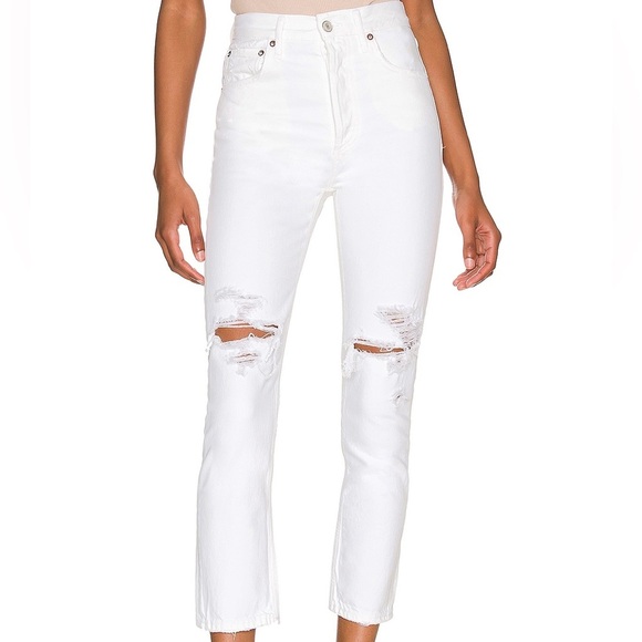 Agolde Riley Slant White Denim High Rise Straight Cropped Ripped Jeans EUC Sz 26 - Picture 1 of 10
